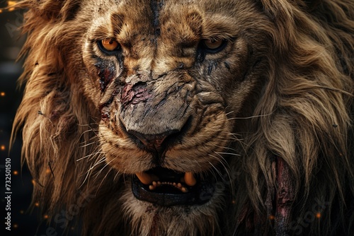 Close-up portrait of a wounded lion, blood on his face, Ai Generated