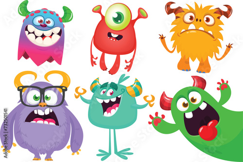 Cute cartoon Monsters. Set of cartoon monsters: goblin, ghost, troll, monster, yeti and alien . Halloween design. Vector illustration isolated (ID: 732501541)