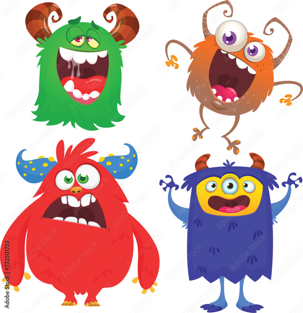 Obraz premium Cute cartoon Monsters. Set of cartoon monsters: goblin, ghost, troll, monster, yeti and alien . Halloween design. Vector illustration isolated