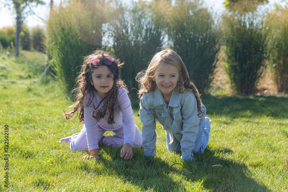 Fototapeta premium Two Little Girls Having Fun in Park on a Green Lawn. Friendship, relation, childhood, leisure and people concept