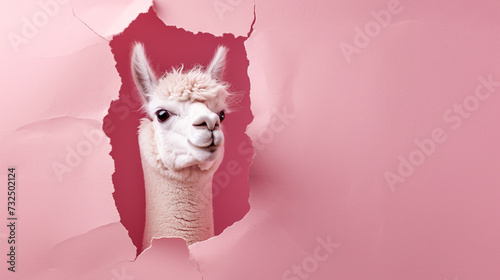 alpaca looking up in pastel color paper side torn hole isolated. Generative Ai photo