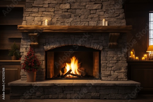 image of a burning fireplace made traditionally of stone