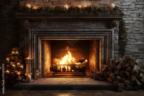 image of a burning fireplace made traditionally of stone © Kate