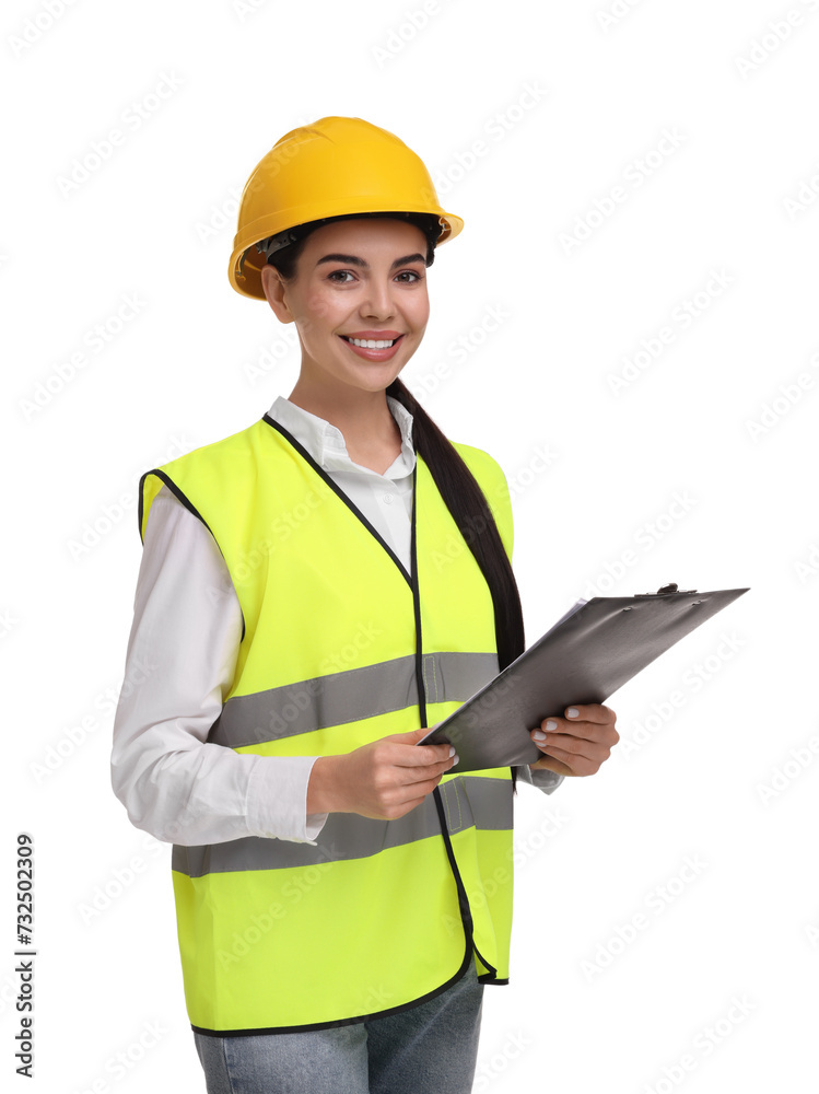 Engineer in hard hat holding clipboard on white background Engineer in hard hat holding clipboard on white background