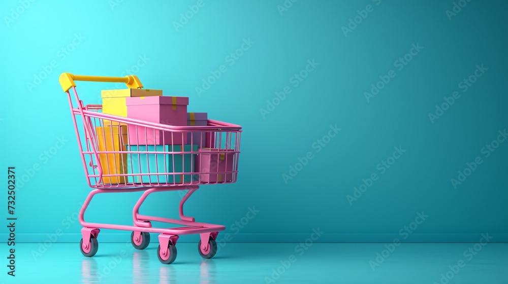 Pink Shopping Cart with Pink Boxes and Pink Bags Generative AI