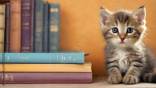 Kitten portrait at home with books background