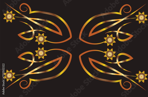 Symmetrical fantasy pattern with flowers. Illustration with place for inscription. Gold gradient on a black background for printing on fabric, applique and cards.