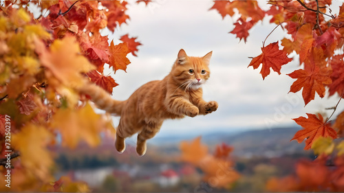 Śmieszny czerwony kota latanie w powietrzu w jesieni