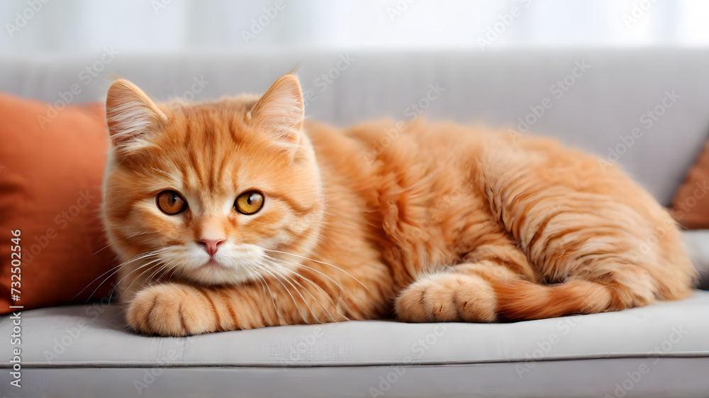 Cute red scottish fold cat with orange eyes lying on grey textile sofa at home. Soft fluffy purebred short hair straight-eared kitty. Background, copy space, close up.