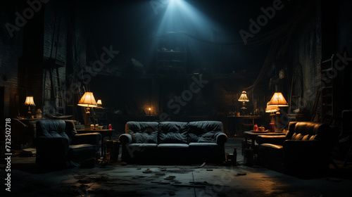 Moody Scene of Dimly lit Dark Interior with Leather Sofa. Dark Vintage Room with Dramatic Lamp Lights. Vintage black Salon. 