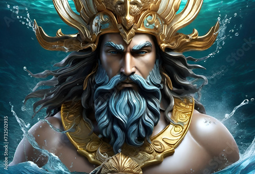 Poseidon god of water, Greek mythology in minimal style