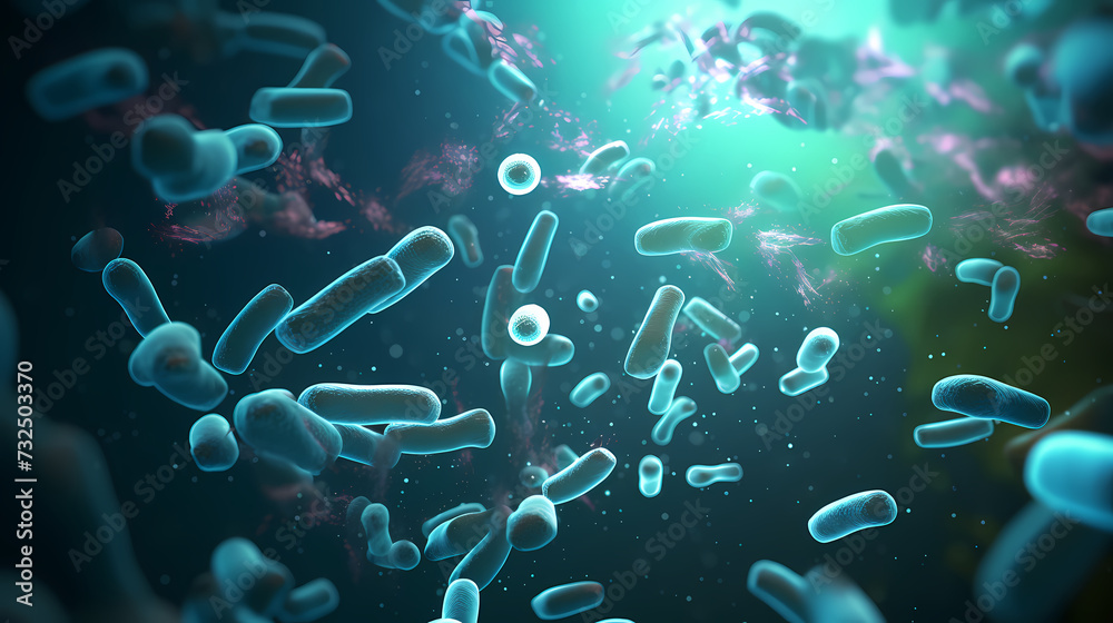 Various shapes of bacteria, probiotics under microscope, science, medicine concept background Various shapes of bacteria, probiotics under microscope, science, medicine concept background