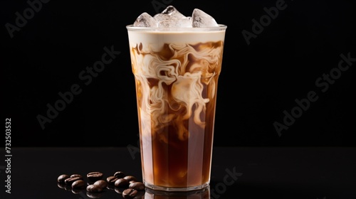 a glass of coffee with ice and coffee beans
