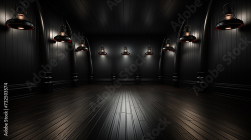 Dark Interior of a A Large Empty Black Hall with Arch Architecture Design. Big Room with Soft Dimly Lights and Clean Floor Reflection. Ground Perspective  low wide angel 