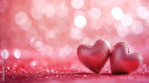 Two sparkling glitter hearts on blurred pink background. Valentine's day. Copy space. Romantic concept. Generative AI.