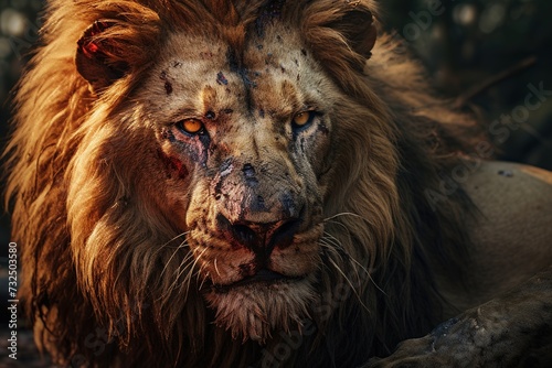 Portrait of a big male lion with blood on his face  Ai Generated
