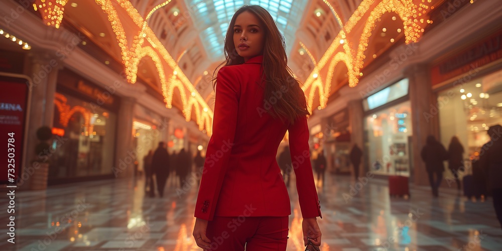 Red Jacket, Red Pants, Red Suit: A Fashionable Woman in a Shopping Mall Generative AI