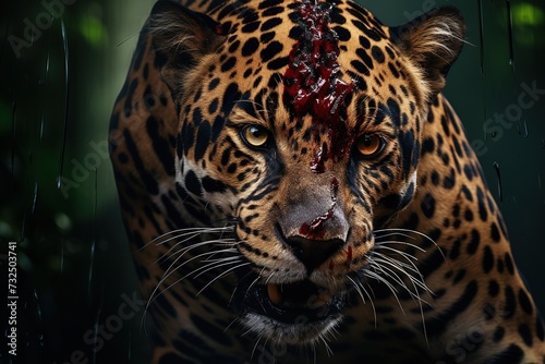 Portrait of a leopard with blood on his face in the rain, Ai Generated