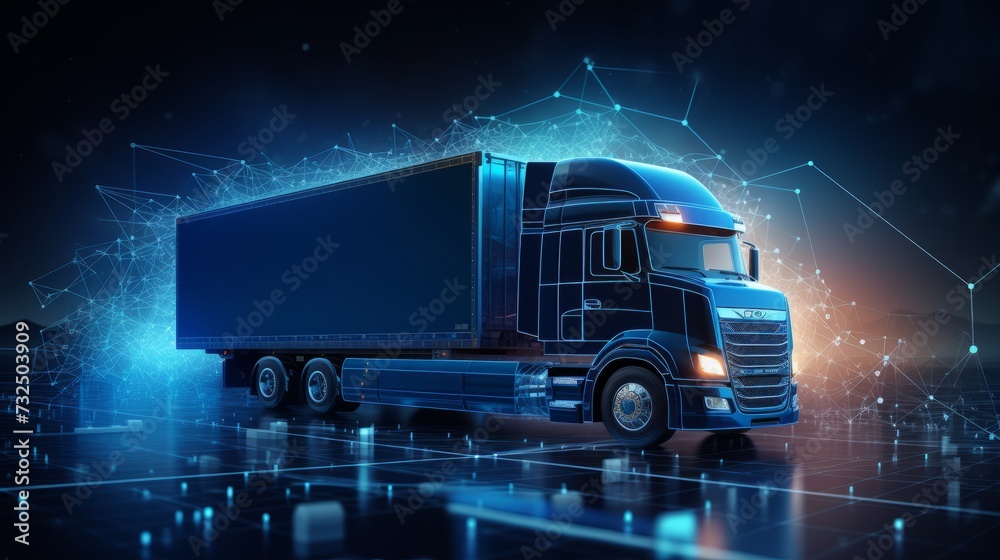 Truck in urban setting with data analysis background