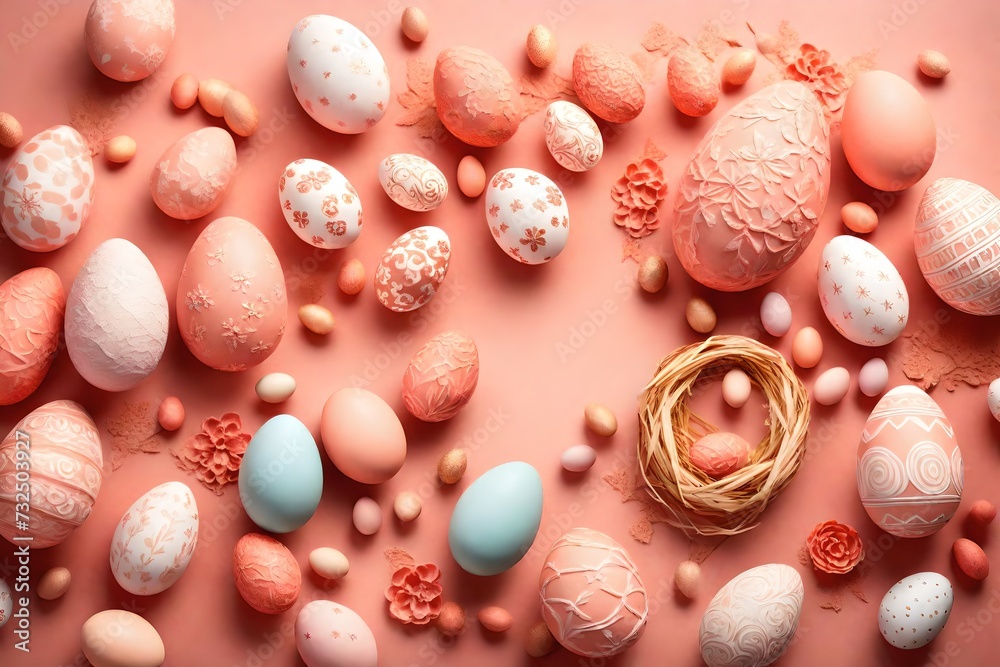 Pale coral-toned environment complemented by detailed Easter decorations and a variety of eggs, forming a captivating backdrop for your celebratory words