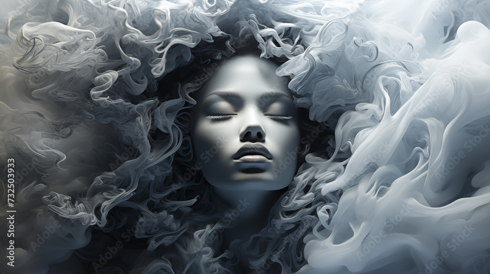 Dynamic smoke emanating from a woman's head, reflecting emotional turbulence and inner conflict Concept Abstract. 