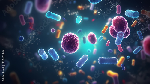 Various shapes of bacteria, probiotics under microscope, science, medicine concept background