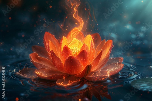 Fiery Flower: A Glowing Flower in a Pond on a Summer Night Generative AI