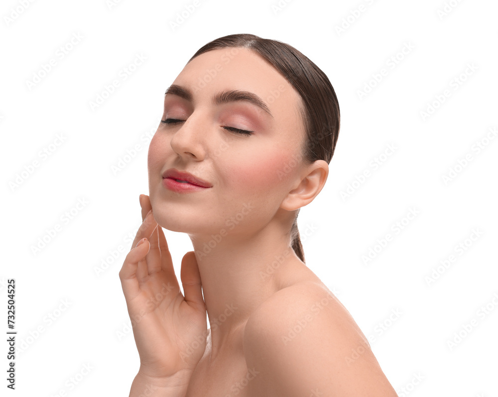 Portrait of beautiful woman on white background