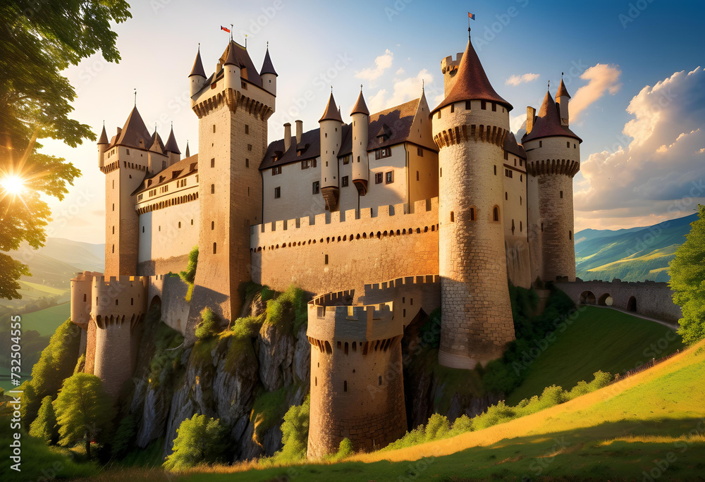 Fototapeta premium Medieval Castle, Fortification, Architecture, Historical, Ancient, Fortress, Stronghold, Stone, Tower, Ramparts, History, Heritage, Medieval Era, Kingdom, AI Generated