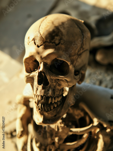Close-up of a human skull and bones illuminated by warm light