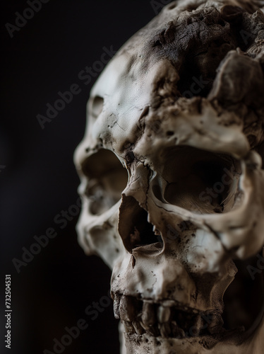 Close-up shot of a human skull against a dark background