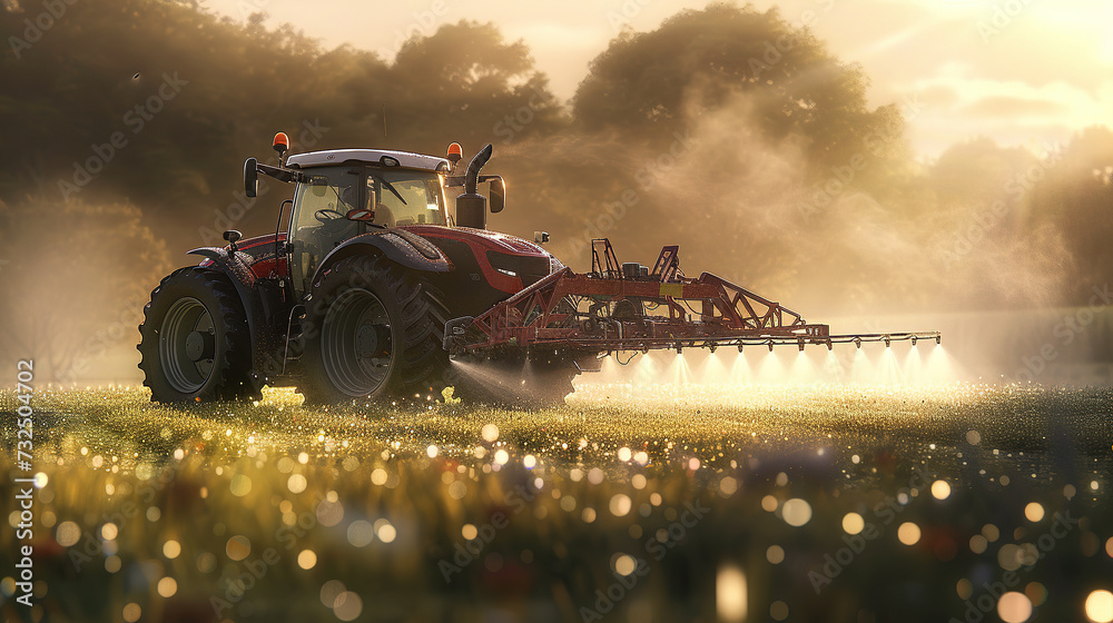 Fototapeta premium Tractor spraying pesticides fertilizer on soybean crops farm field