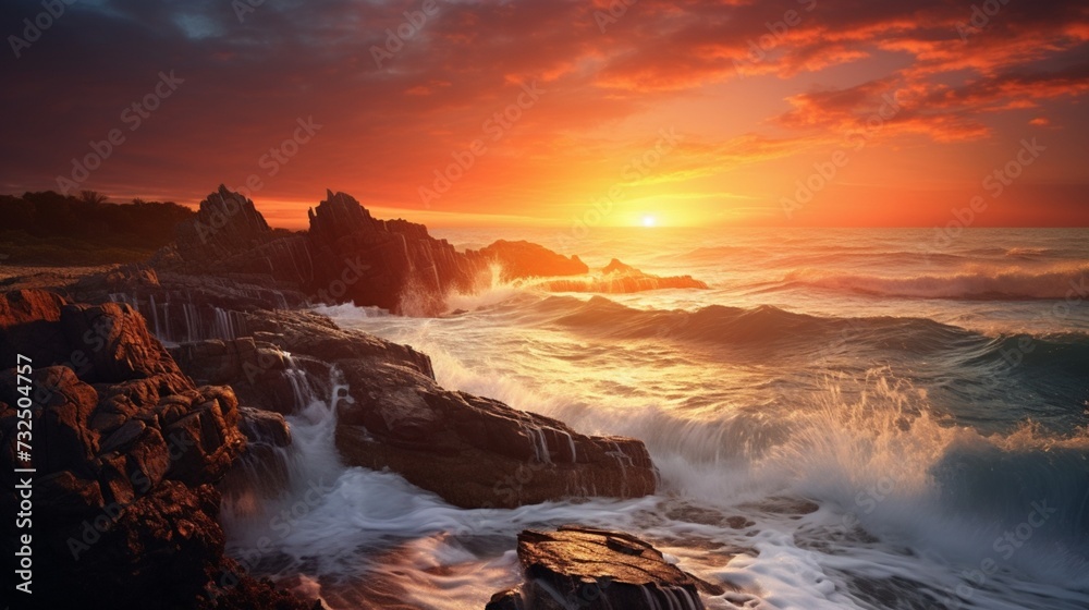 Obraz premium An Aesthetic Sunrise Scene Over Coastal Horizons: Golden Rays Painting the Sky and Sea with Serenity.