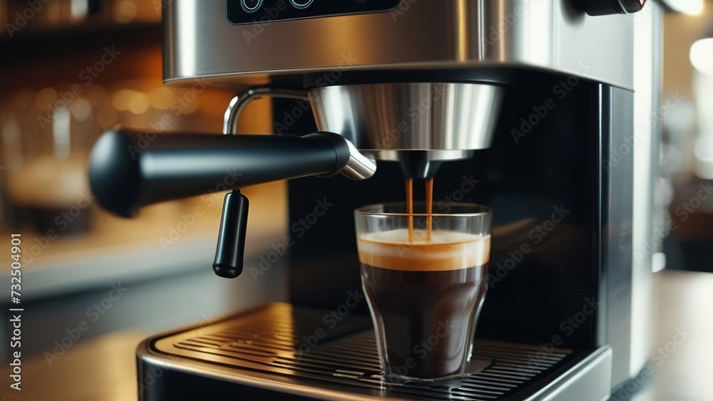 Close-up of a coffee machine making fresh latte coffee in a coffee shop,making cappuccino coffee in a cafe Close-up of a coffee machine making fresh latte coffee in a coffee shop,making cappuccino coffee in a cafe