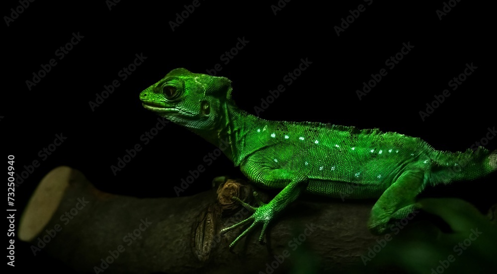 Bright green Two-crested basilisk perched on a branch against a dark background