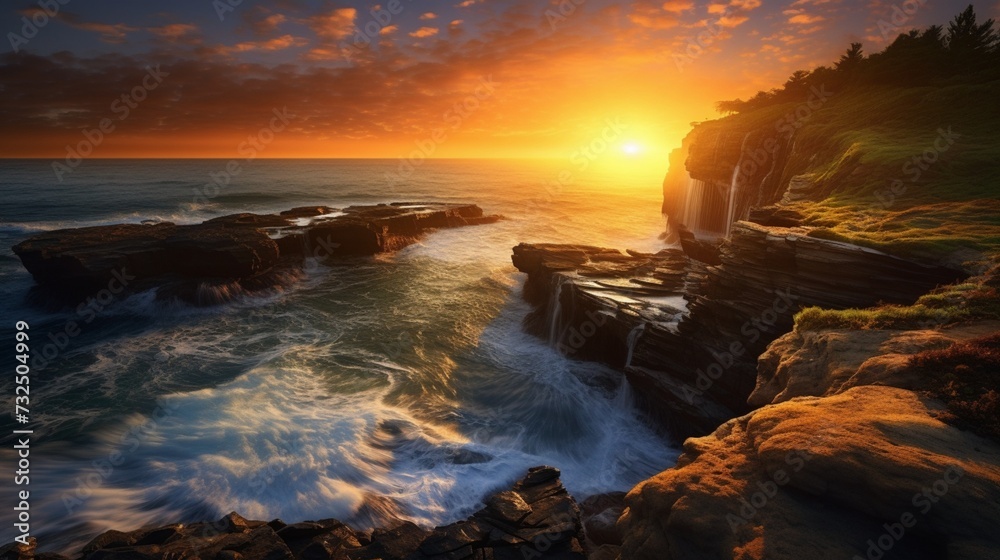 An Aesthetic Sunrise Scene Over Coastal Horizons: Golden Rays Painting the Sky and Sea with Serenity. An Aesthetic Sunrise Scene Over Coastal Horizons: Golden Rays Painting the Sky and Sea with Serenity.