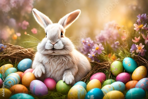 Irresistibly cute Easter bunny sharing a moment with a cluster of colorful eggs, creating an enchanting and heartwarming scene for your celebration