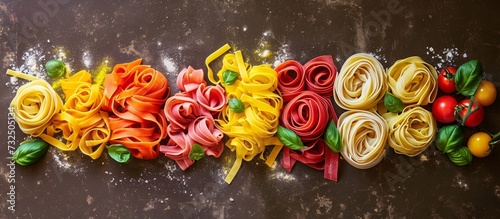 A beautiful arrangement of colorful pasta and vegetables resembling a garden filled with vibrantly colored flowers like roses.