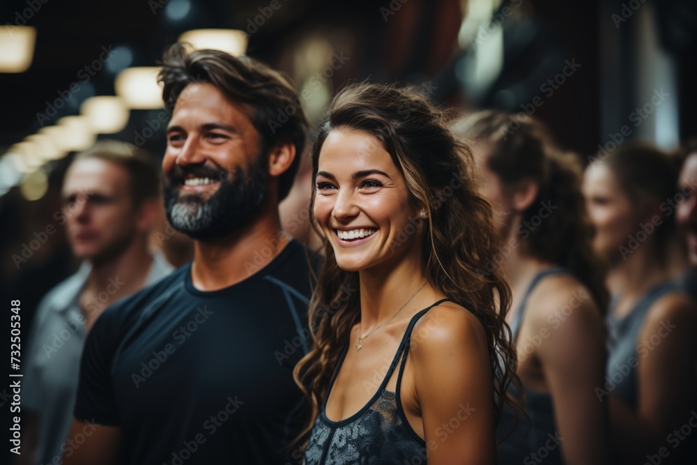 Dressed in sportswear, a group of friends shares laughter and smiles, radiating happiness and friendship as they bond over their shared love for active living