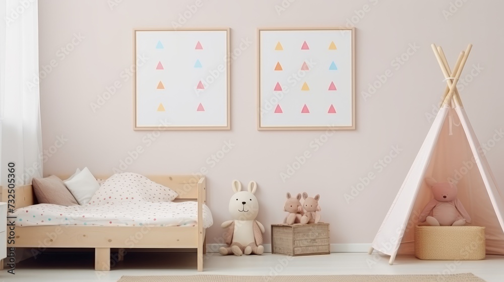 Soft toys, a wooden children's bed, an armchair, a teepee near a bright wall with paintings. The minimalist interior of the children's room in Scandinavian style in light pastel colors.