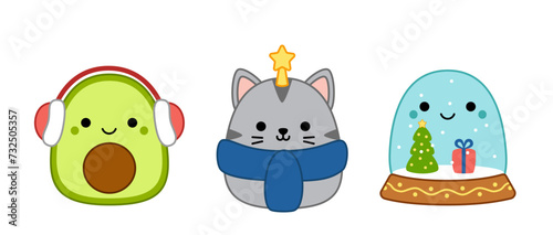 Cat with star top, avocado in red earmuff, snow globe. Squishmallow. Pillow. Cartoon, kawaii, vector