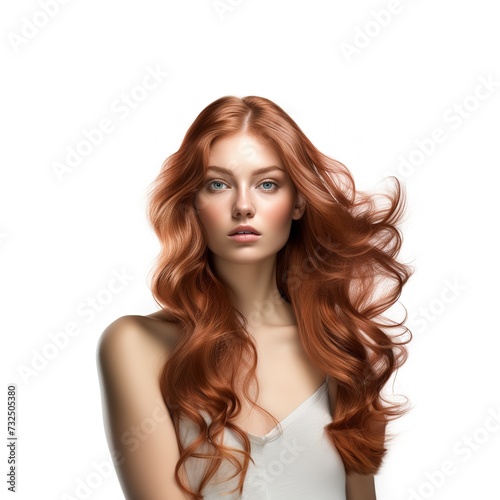 Portrait of beautiful young woman with long red hair on white background, Ai Generated