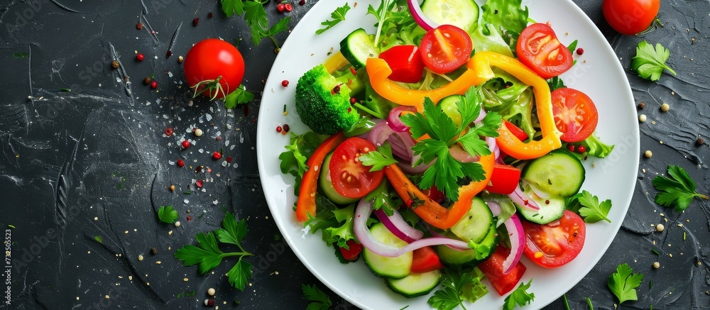 A dish of fresh vegetables and plum tomatoes arranged on a white plate, representing natural foods and a nutritious recipe. A dish of fresh vegetables and plum tomatoes arranged on a white plate, representing natural foods and a nutritious recipe.