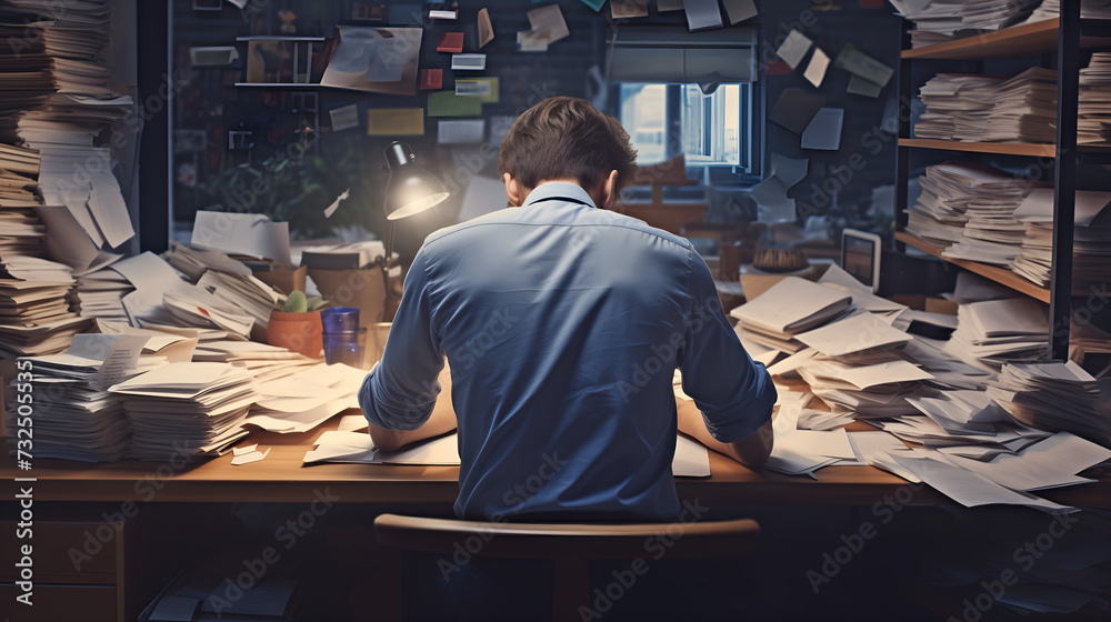Exhausted man in office surrounded by folders and work