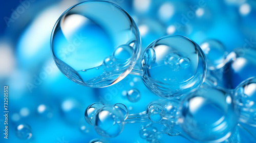 Macro shot of translucent blue bubbles representing cells or molecules in liquid medium, scientific concept
