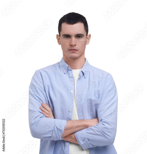 Portrait of sad man on white background