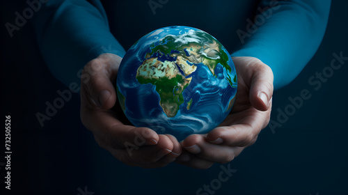 Close up of human hands cradling miniature earth , symbolizing care and responsibility for our planet