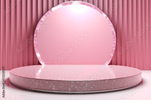 Pink podium 3d illustration background , mock up display with sparkle and glitter for beauty products or holiday event.	