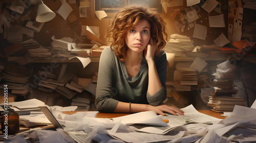 Worried woman doing her job and paperwork, surrounded by lots of papers
