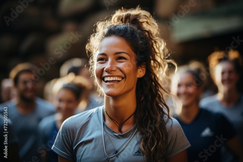 A group of friends in sportswear shares infectious laughter and warm smiles  highlighting the happiness and sense of belonging they find in their shared passion for fitness and active living